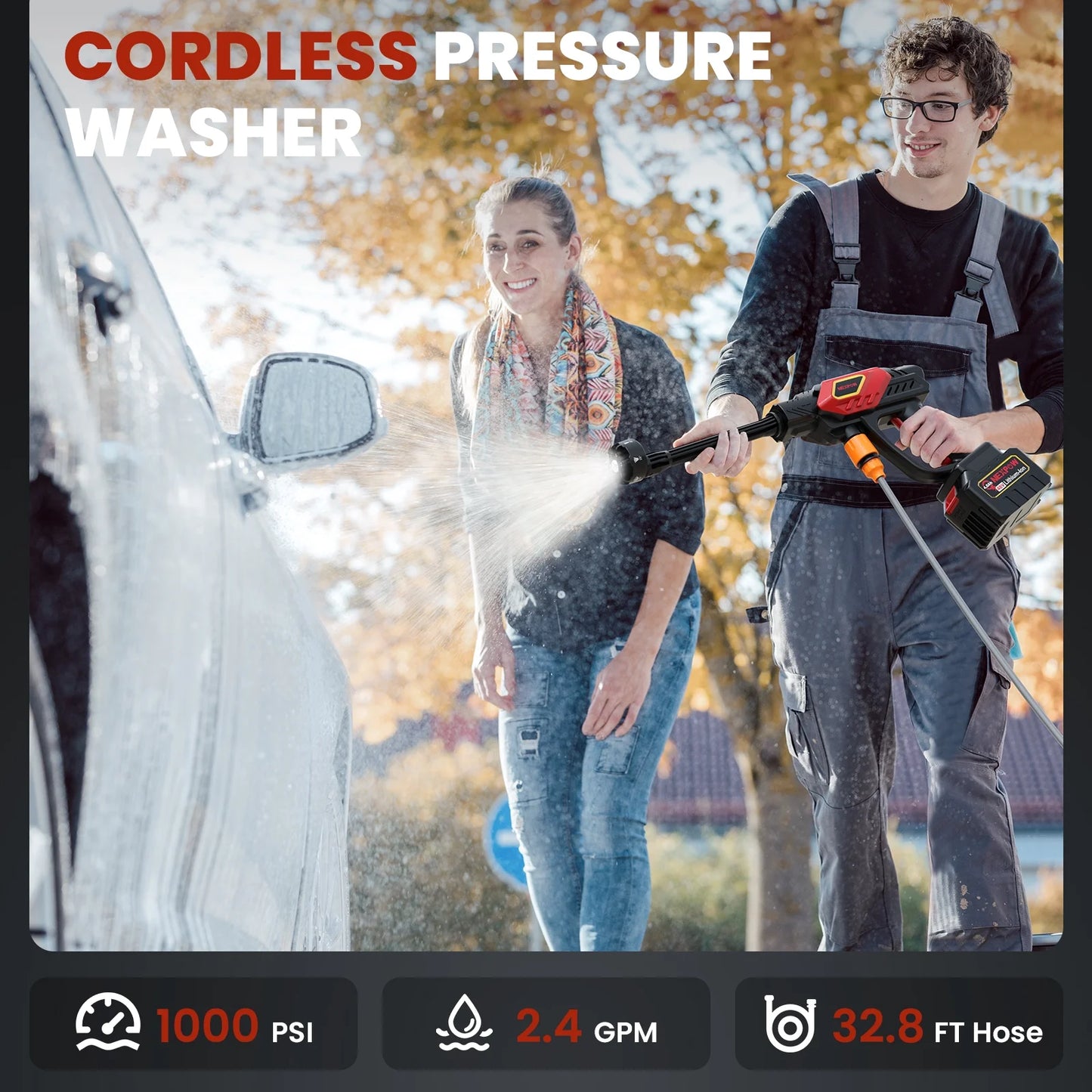 1000PSI Cordless Pressure Washer, 2.4GPM Portable Power Washer with 6-In-1 Adjustable Nozzle, Power Cleaner with 32.8Ft Hose for Cars/Patios