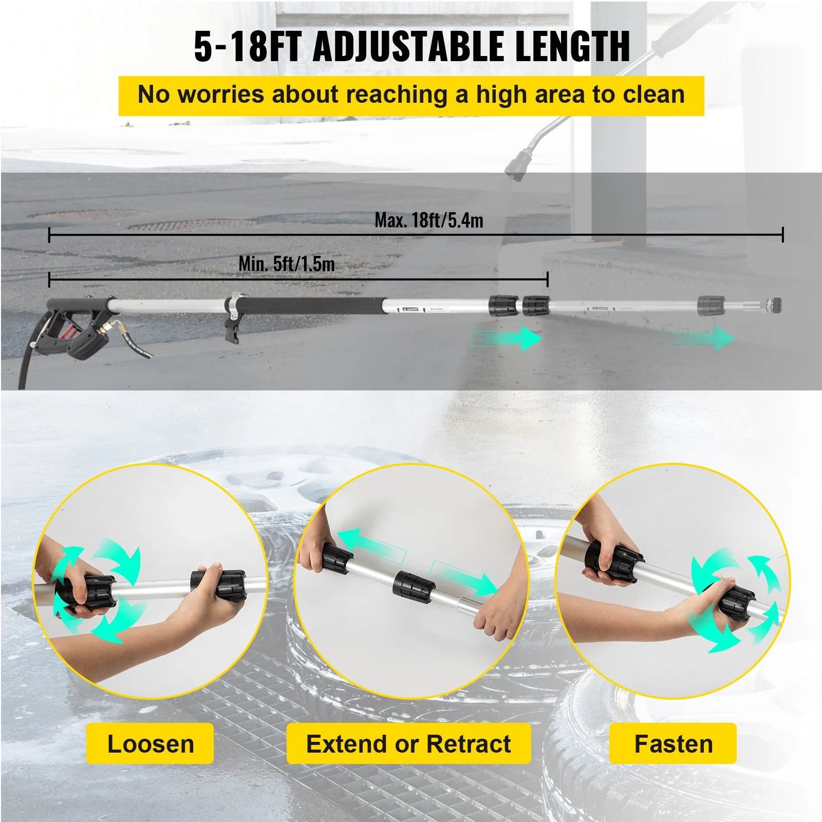 Pressure Washer Wand Telescoping 18Ft 4000Psi W/ Belt 3/8" Quick Connector