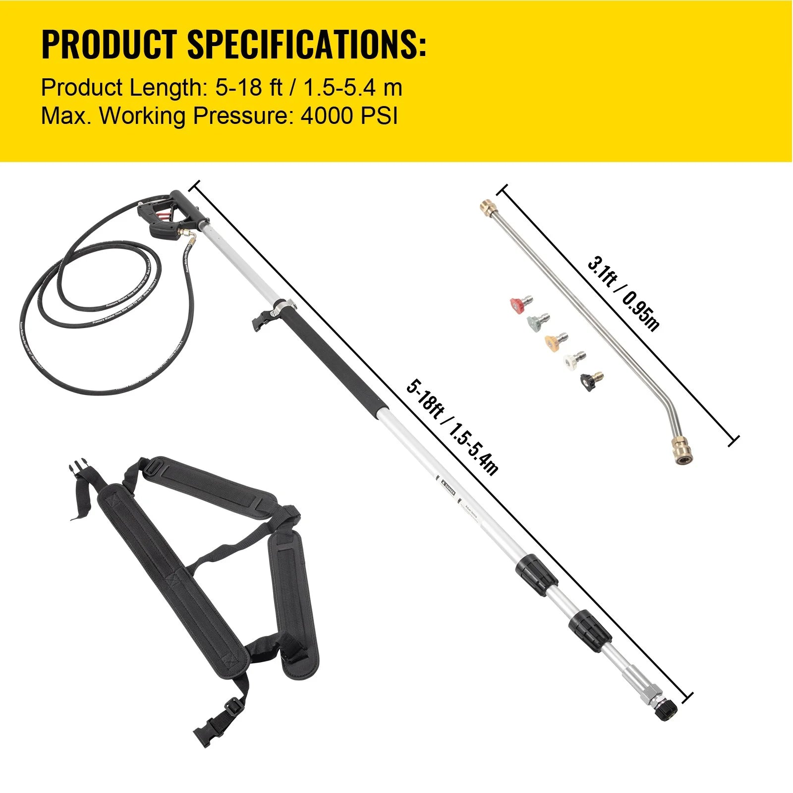 Pressure Washer Wand Telescoping 18Ft 4000Psi W/ Belt 3/8" Quick Connector